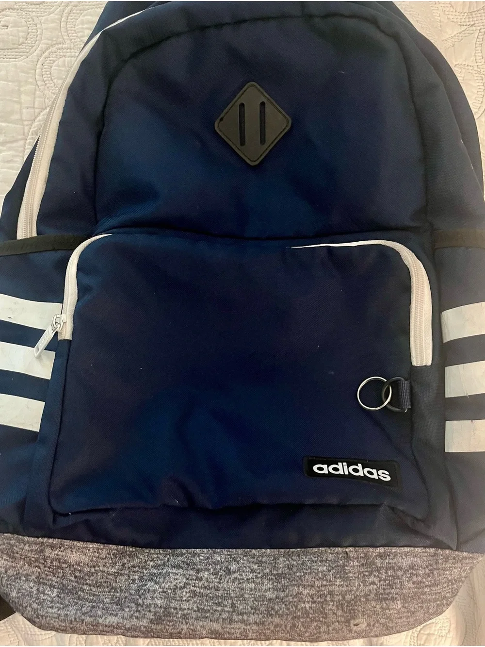 🎒 Adidas Navy Blue Backpack with Grey Base and White Stripes
